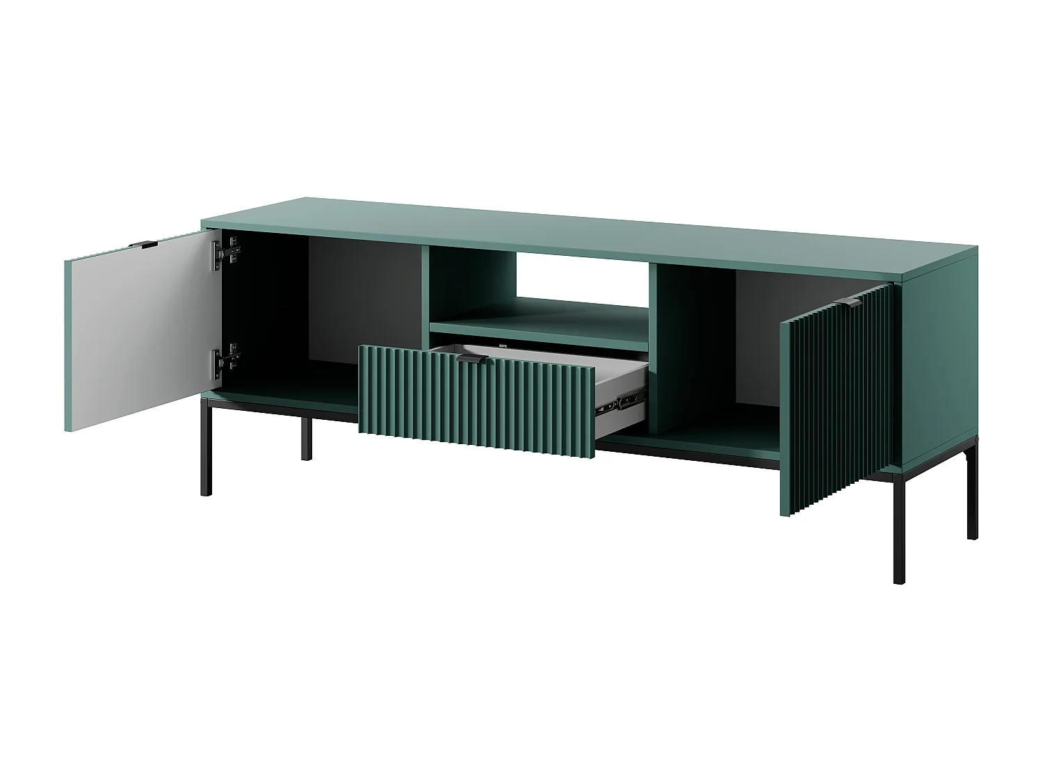 Mueble TV: 1 cajón, 2 puertas, labrador, Negro, 154 x 56 x 39 cm, Tiradores negros