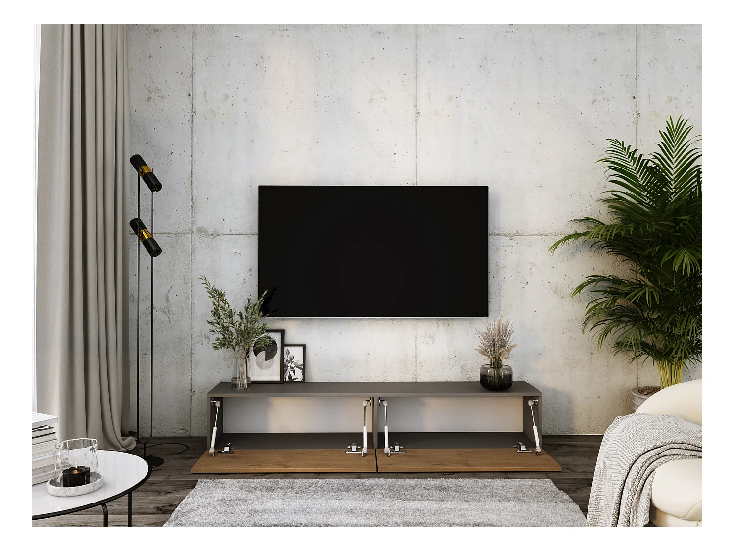 Zawieszana szafka RTV, 170 x 34 x 32 cm, Antracyt / Dąb Lancelot