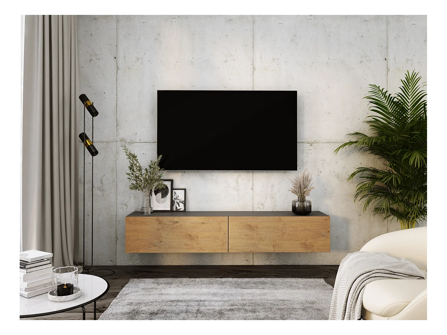 Meuble TV Suspendu, 170 x 34 x 32 cm, Antracite / Chêne Lancelot