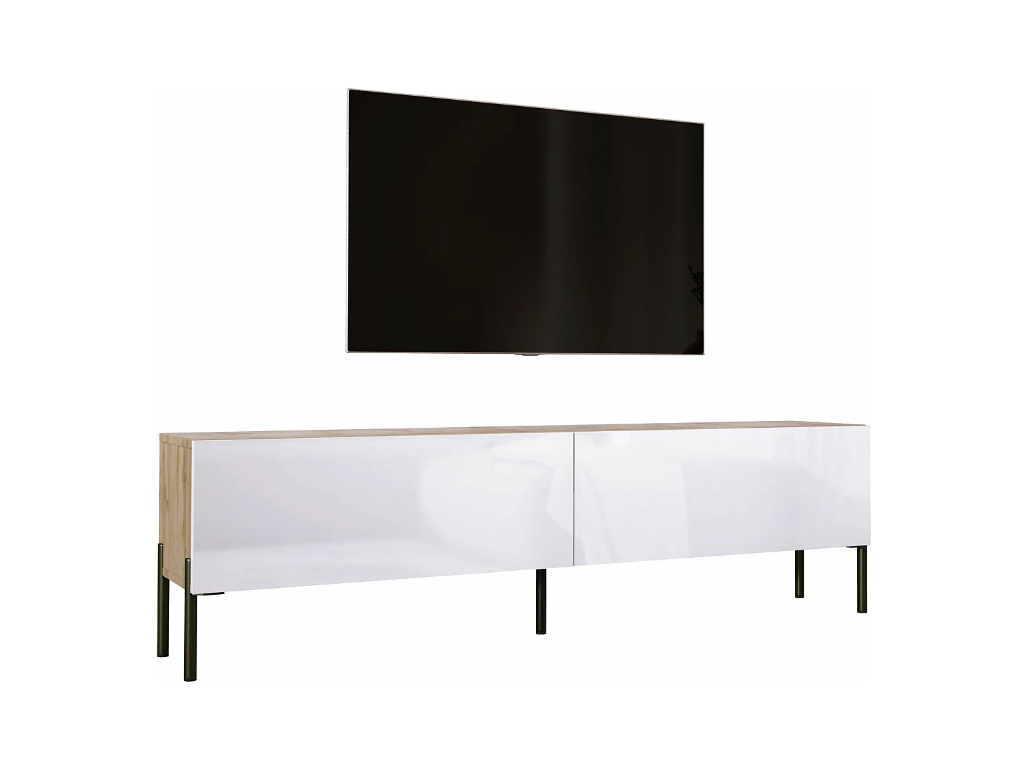 Meuble TV : Chêne Wotan / Blanc Brillant, pieds noires, 170 x 52 x 32 cm