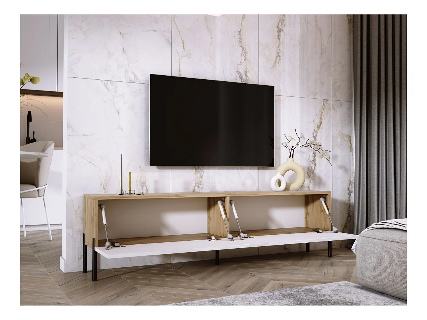 Meuble TV : Chêne Wotan / Blanc Brillant, pieds noires, 170 x 52 x 32 cm