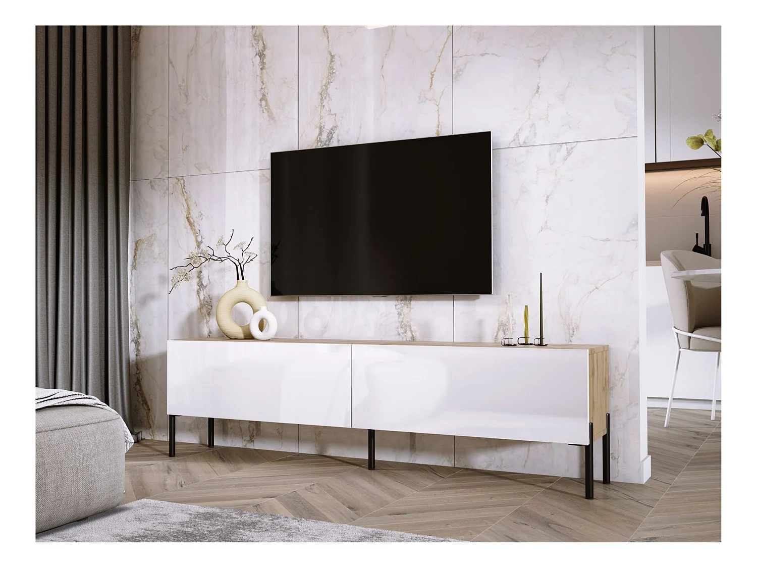 Meuble TV : Chêne Wotan / Blanc Brillant, pieds noires, 170 x 52 x 32 cm