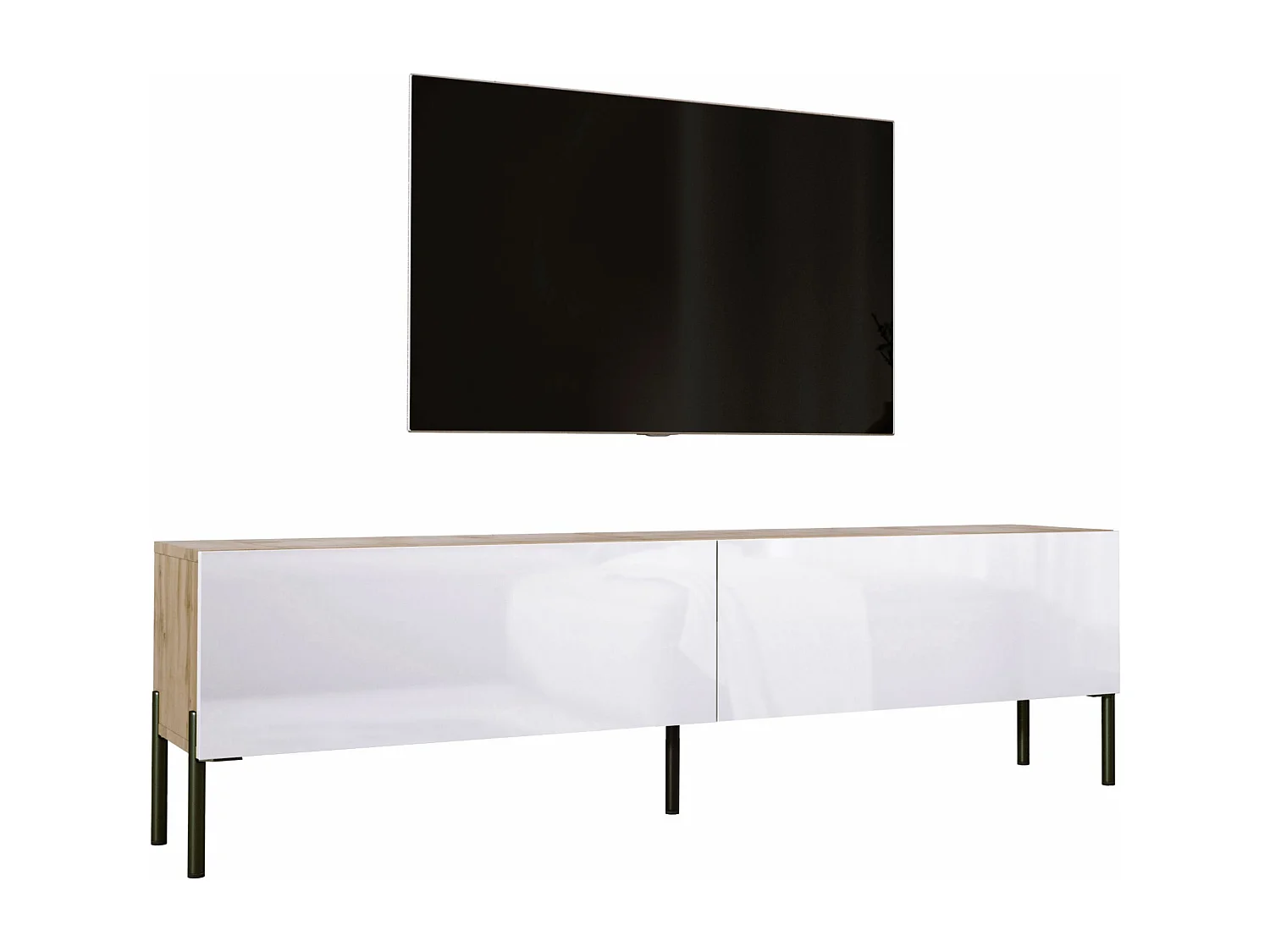 Szafka RTV: Dąb Wotan / Biały Połysk, nogi czarne, 170 x 52 x 32 cm