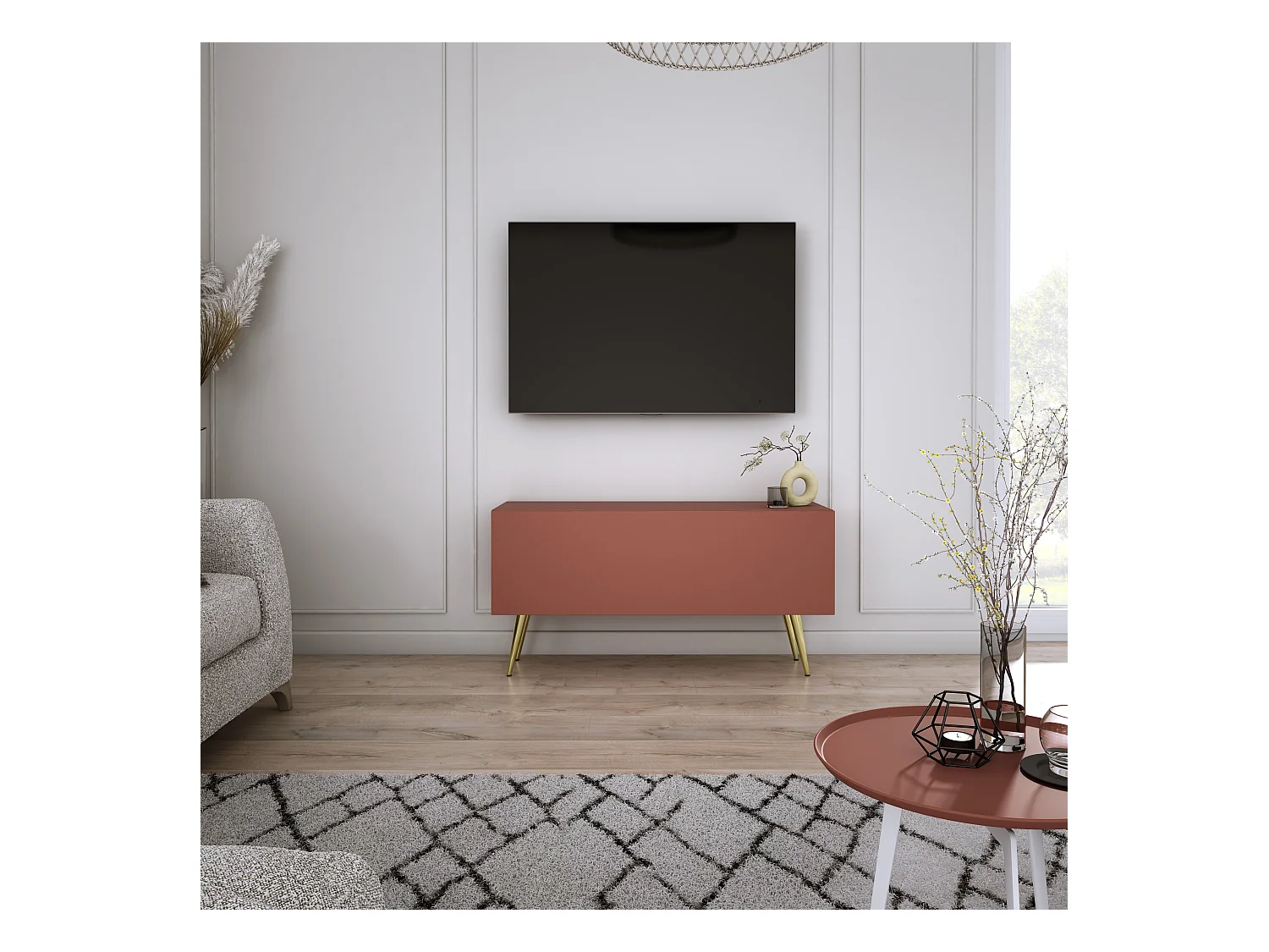 TV-meubel: Steenrood, 100 x 52 x 32 cm, gouden poten