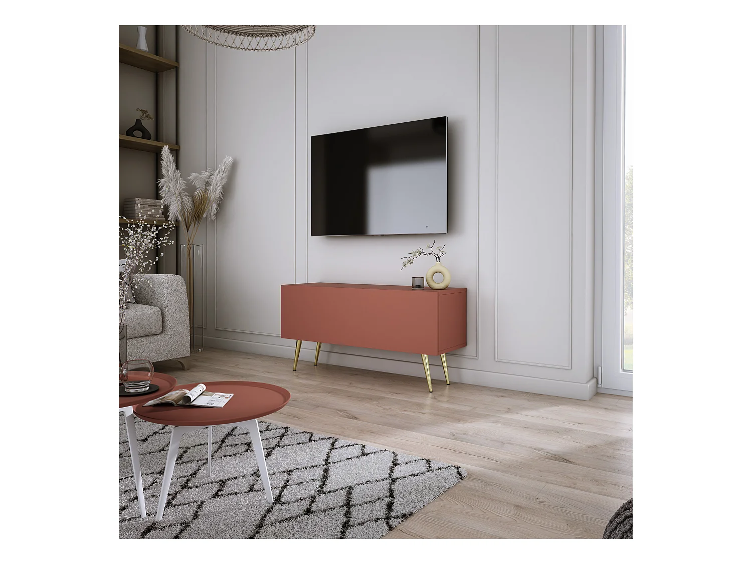 Meuble TV : Rouge Brique, 100 x 52 x 32 cm, pieds dorées
