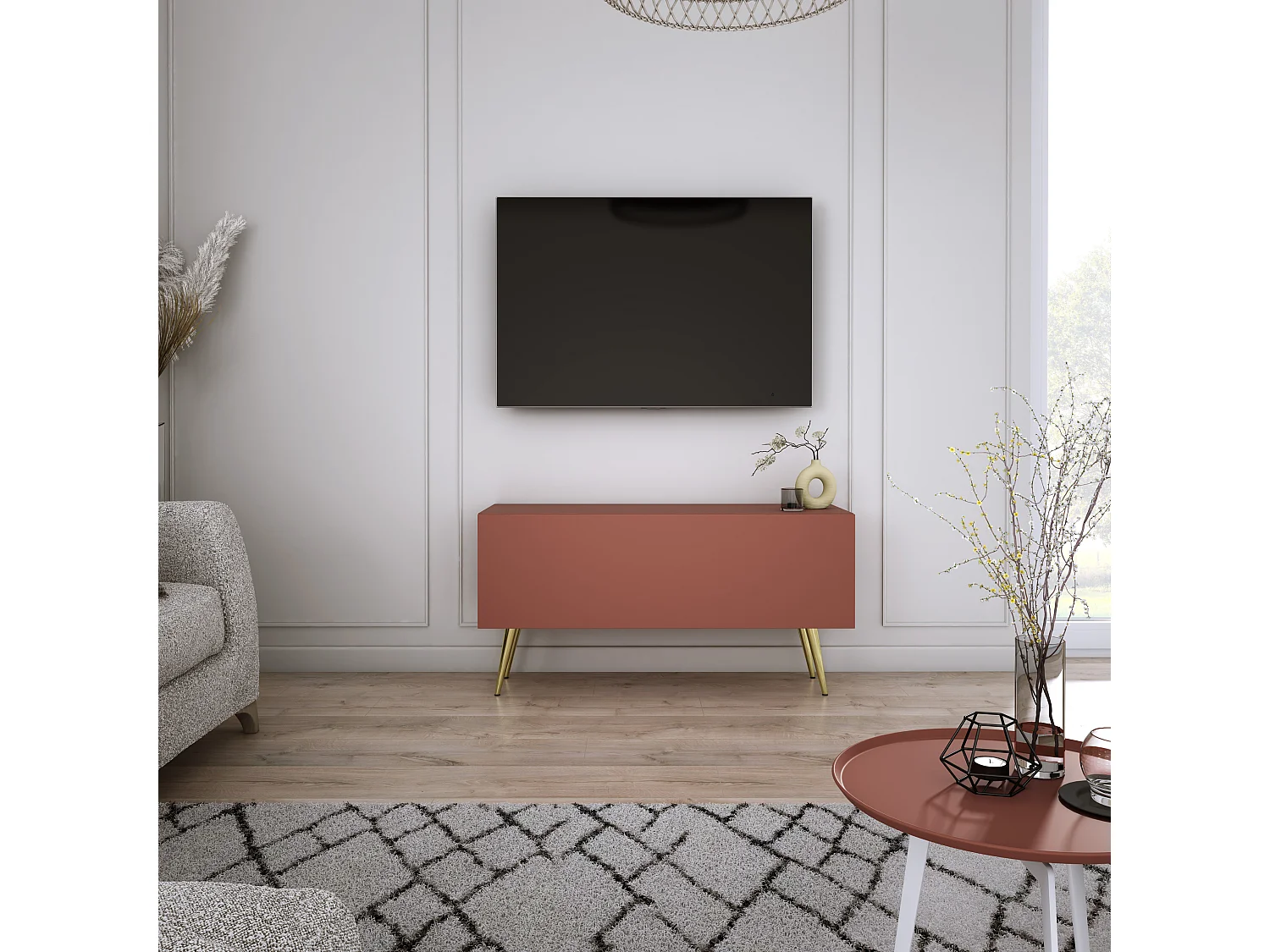 Meuble TV : Rouge Brique, 100 x 52 x 32 cm, pieds dorées