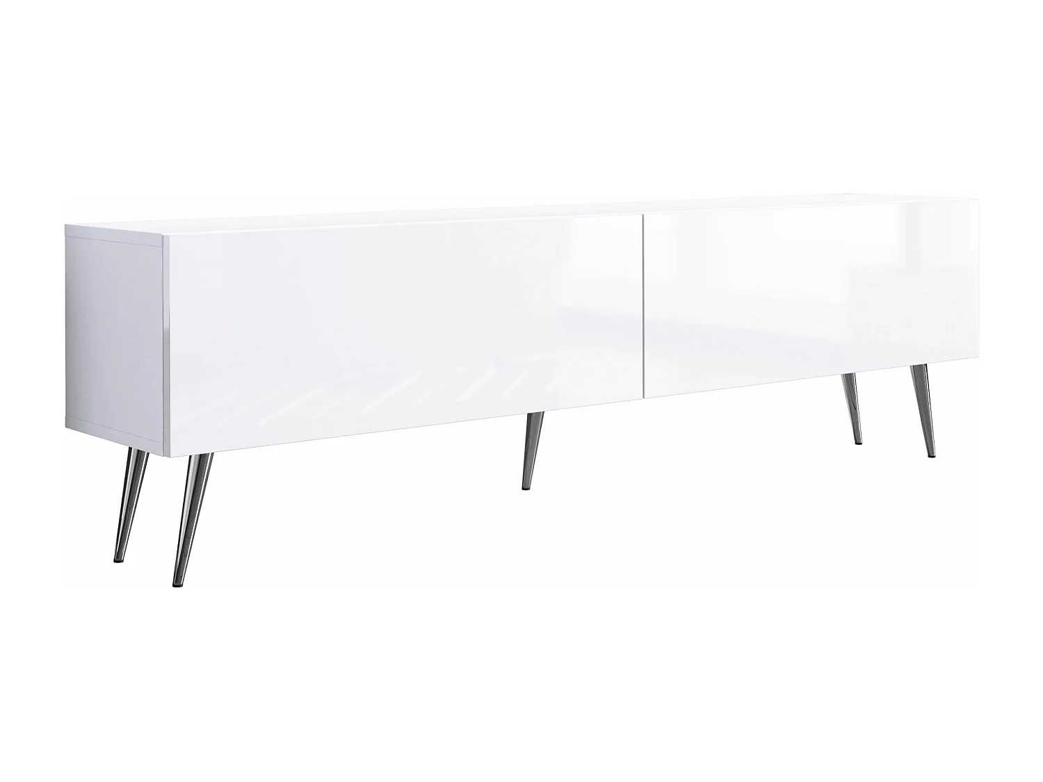 Meuble TV : Blanc Mat / Blanc Brillant, pieds Chrome, 170 x 52 x 32 cm