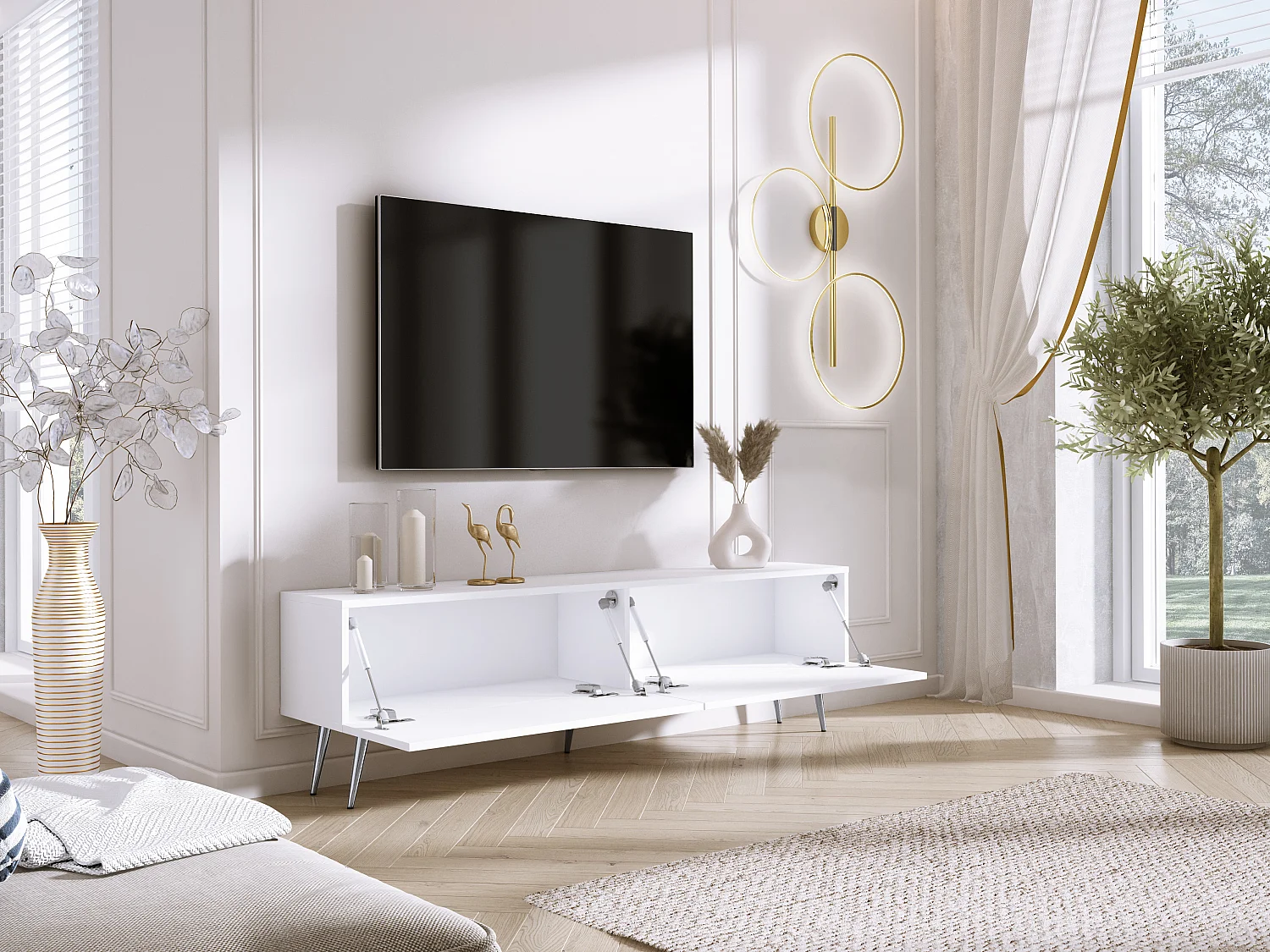 Meuble TV : Blanc Mat / Blanc Brillant, pieds Chrome, 170 x 52 x 32 cm