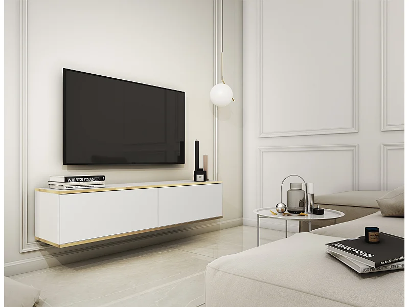 Meuble TV, Blanc, 135 x 30 x 32 cm, Push to Open