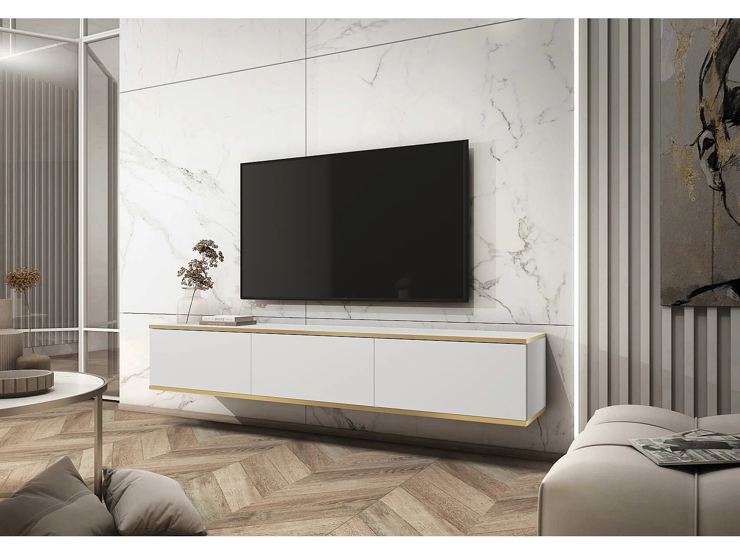 TV-meubel, Wit, 175 x 30 x 32 cm, Push to Open