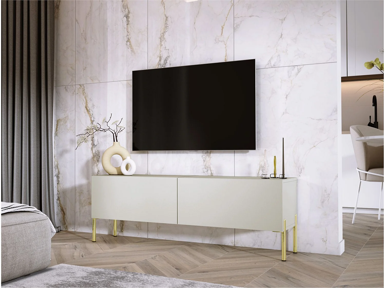 TV-Schrank: Kaschmir, goldene Beine, 140 x 52 x 32 cm
