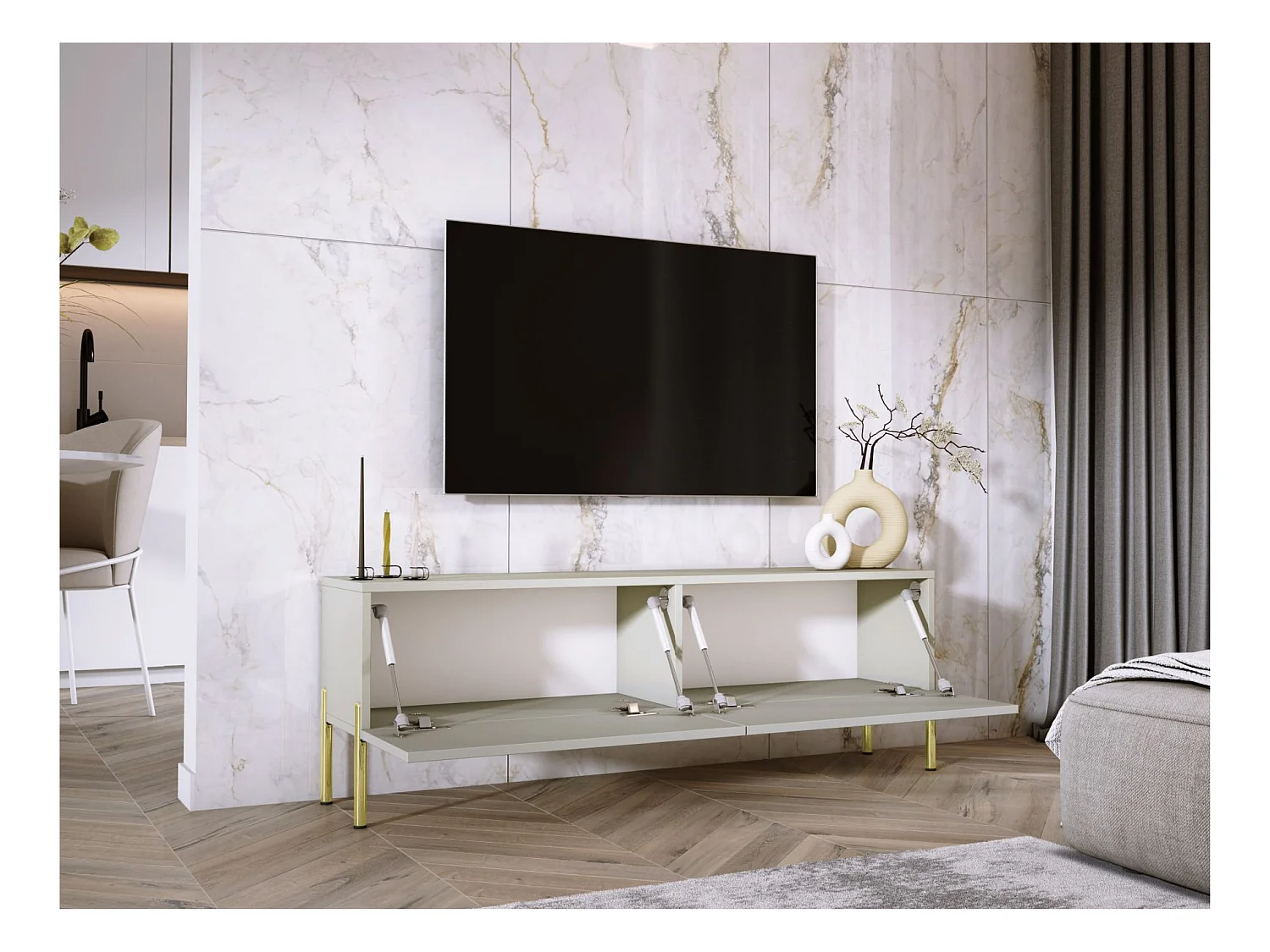 TV-Schrank: Kaschmir, goldene Beine, 140 x 52 x 32 cm