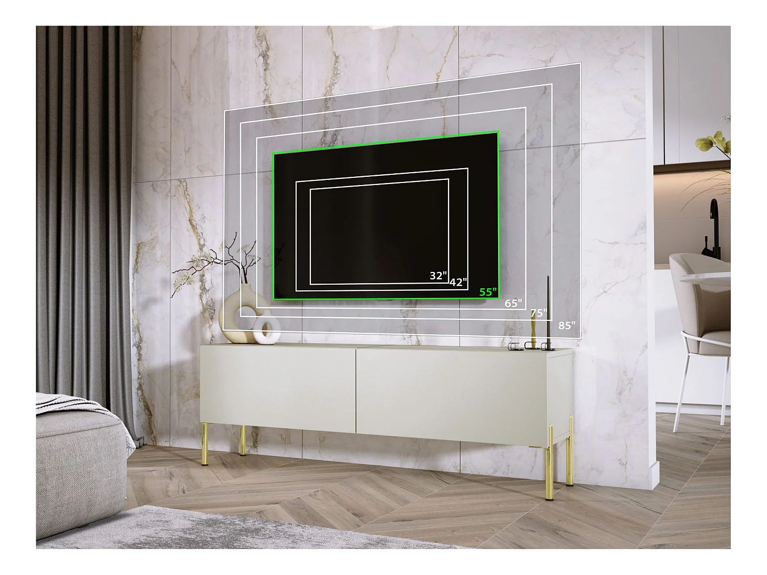 TV-Schrank: Kaschmir, goldene Beine, 140 x 52 x 32 cm