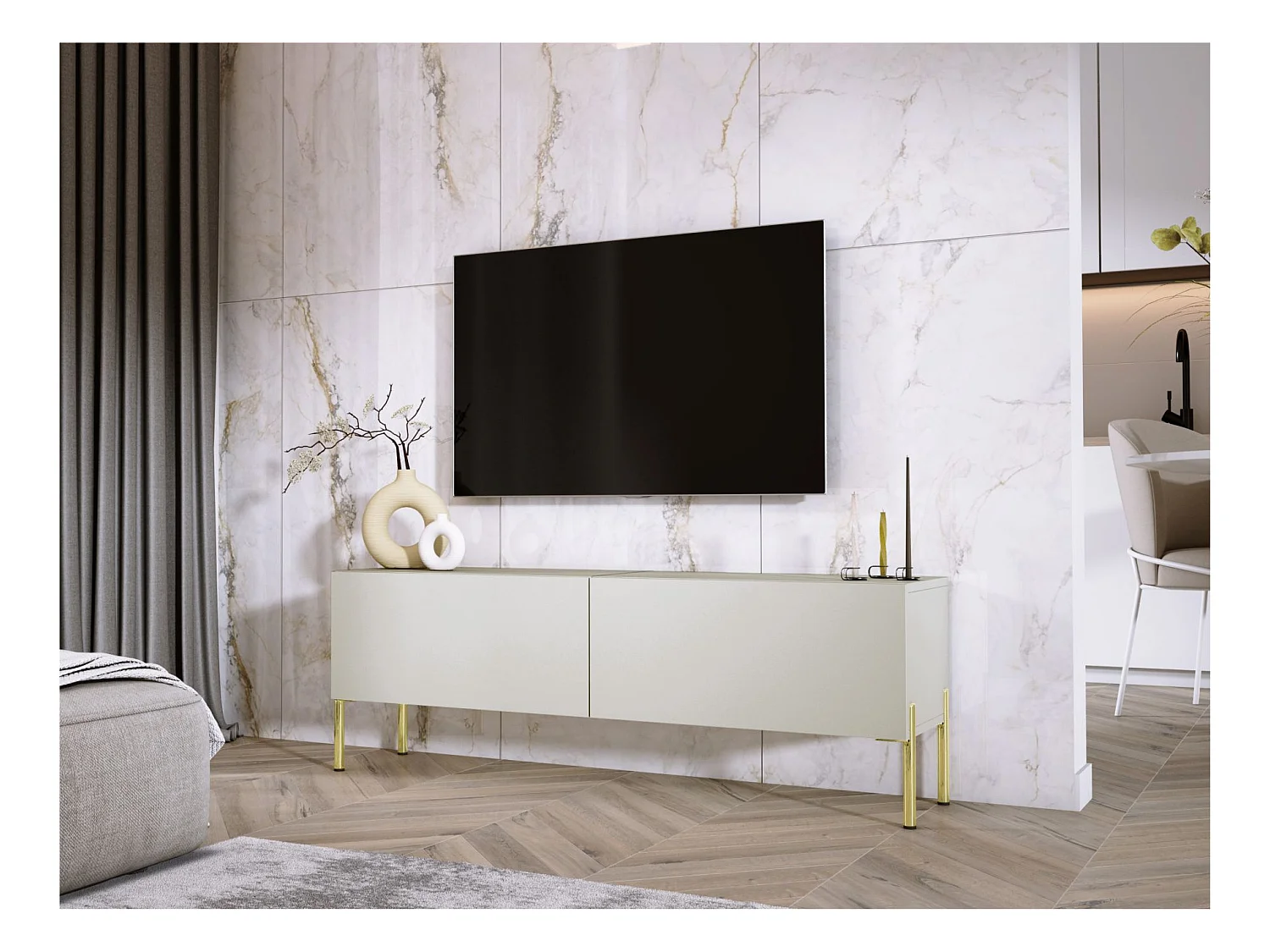 Meuble TV : Cachemire, pieds dorées, 140 x 52 x 32 cm
