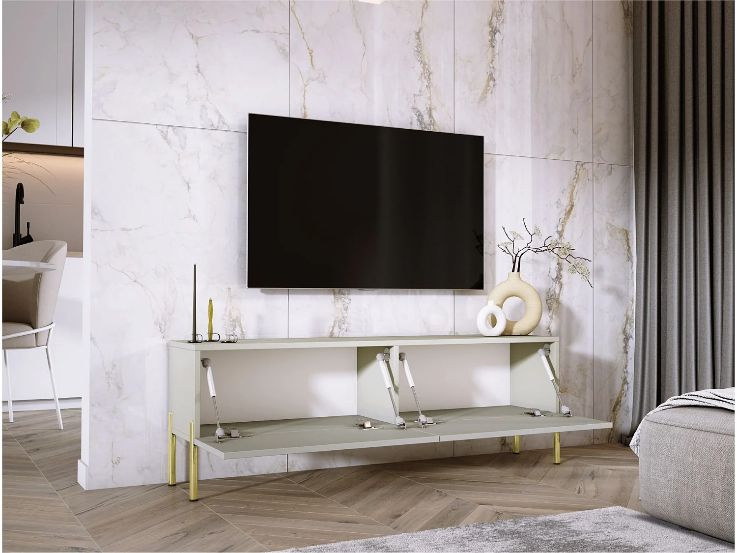 Mueble TV: Cashmere, patas doradas, 140 x 52 x 32 cm