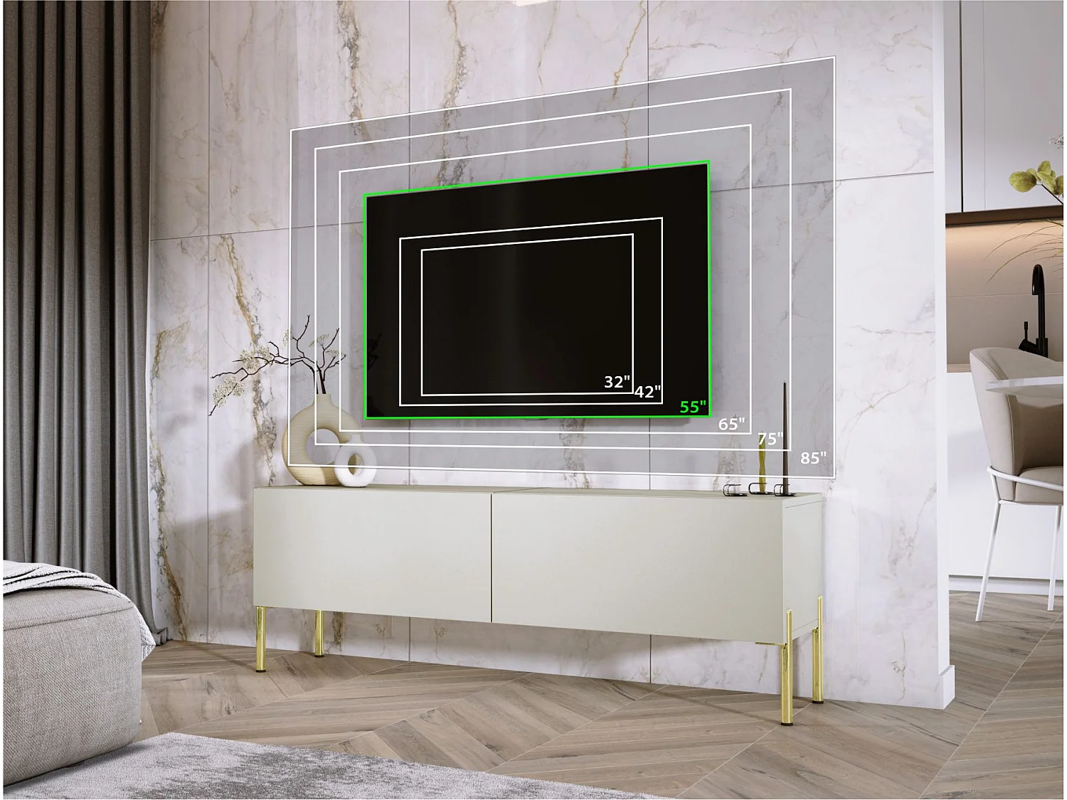 Mueble TV: Cashmere, patas doradas, 140 x 52 x 32 cm