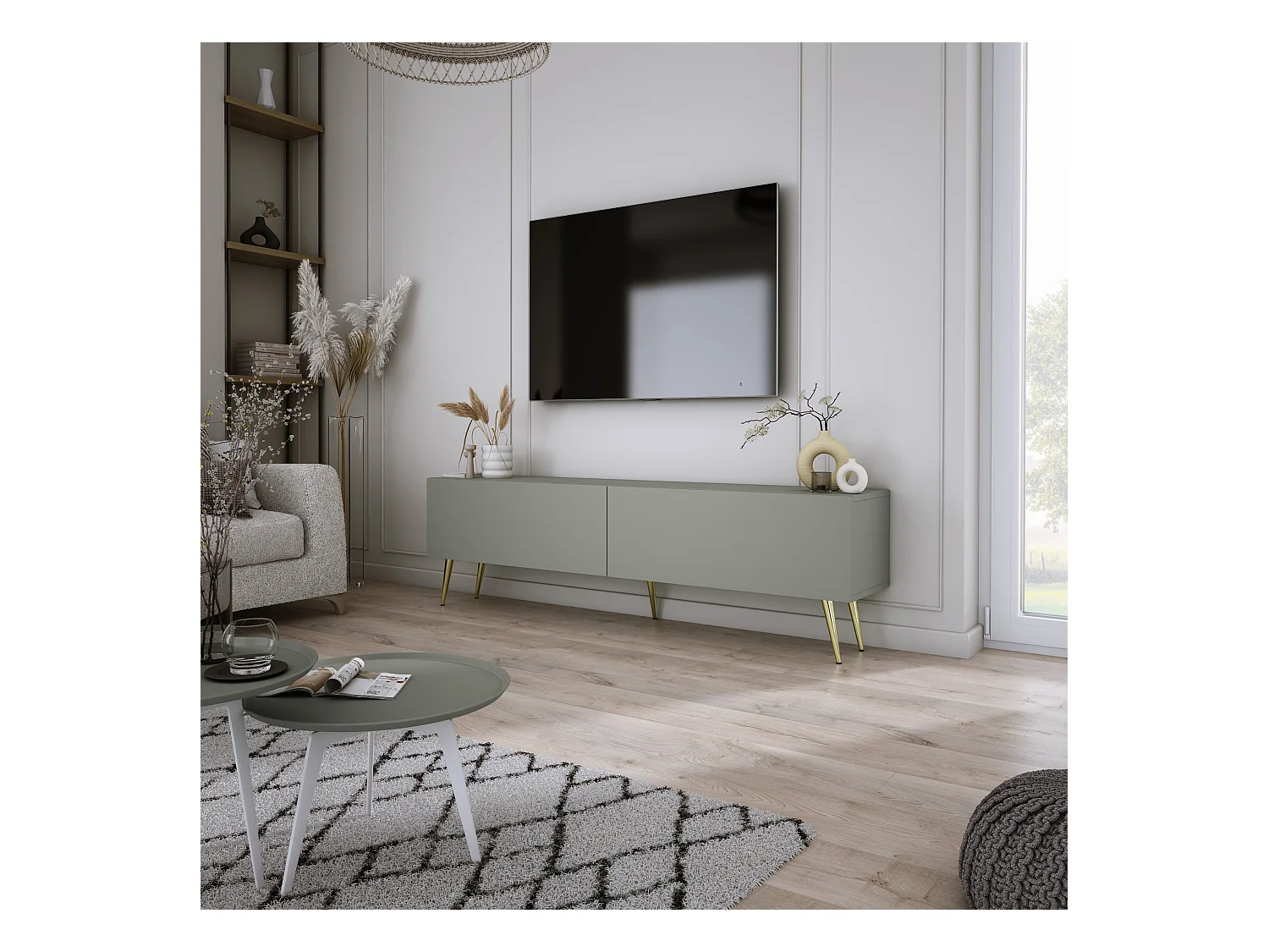 Meuble TV : Aloès, 140 x 52 x 32 cm, pieds dorées