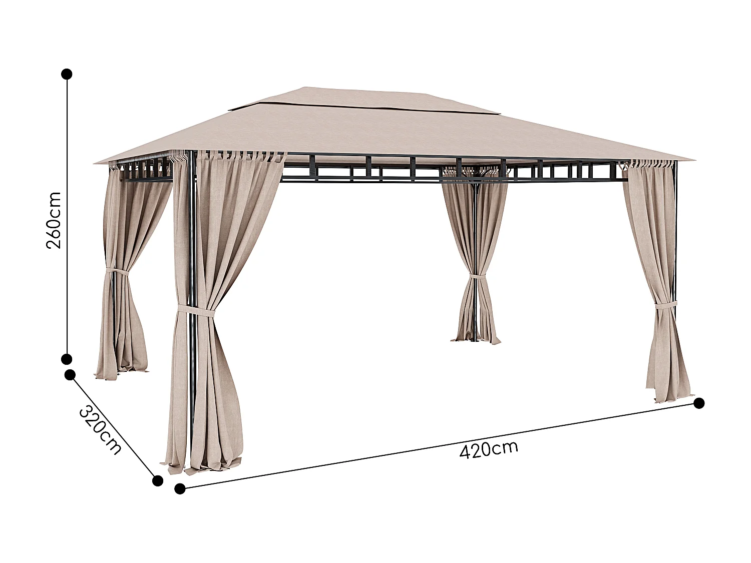 Gazebo Da Giardino 3 x 4 M Con Tende Laterali Richiudibili Struttura In Acciaio Robusto Copertura 180 g/m² Con 4 Teli Laterali Esterno Giardino Piscina Fiere Ecrù
