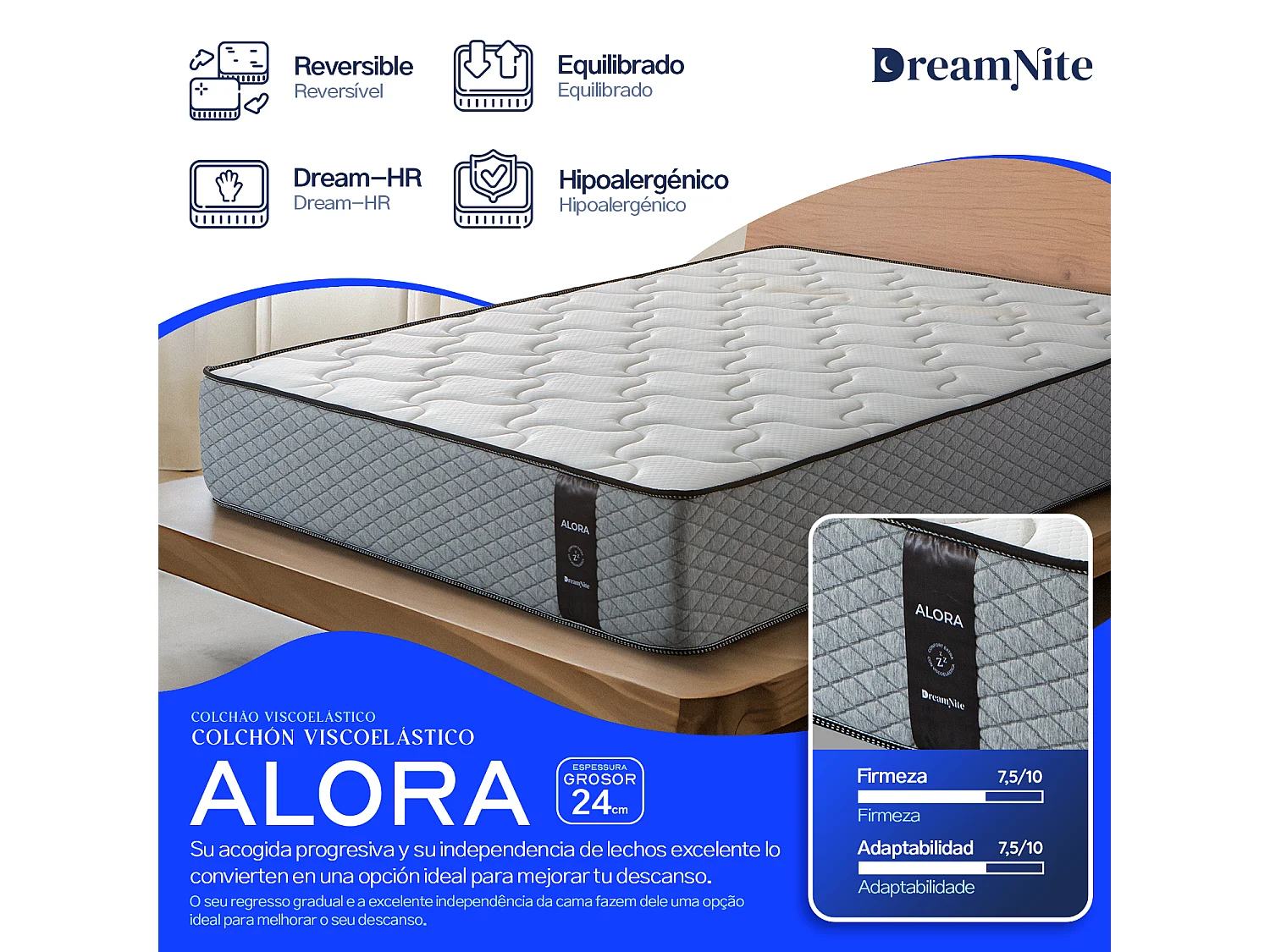 Matelas à mémoire de forme 150x200 cm Alora 29 - Épaisseur +- 29 cm - Double Face - Ferme-Mi-Ferme - Système multicouche - Certifié Oeko Tex