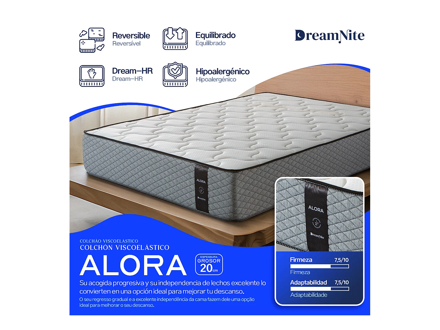 Colchão viscoelástico 200x200 cm Alora 20 - Altura +/- 20 cm - Lado Inverno/Verão - Firmeza Média/Alta - Sistema Multicamadas - Certificado Oeko Tex