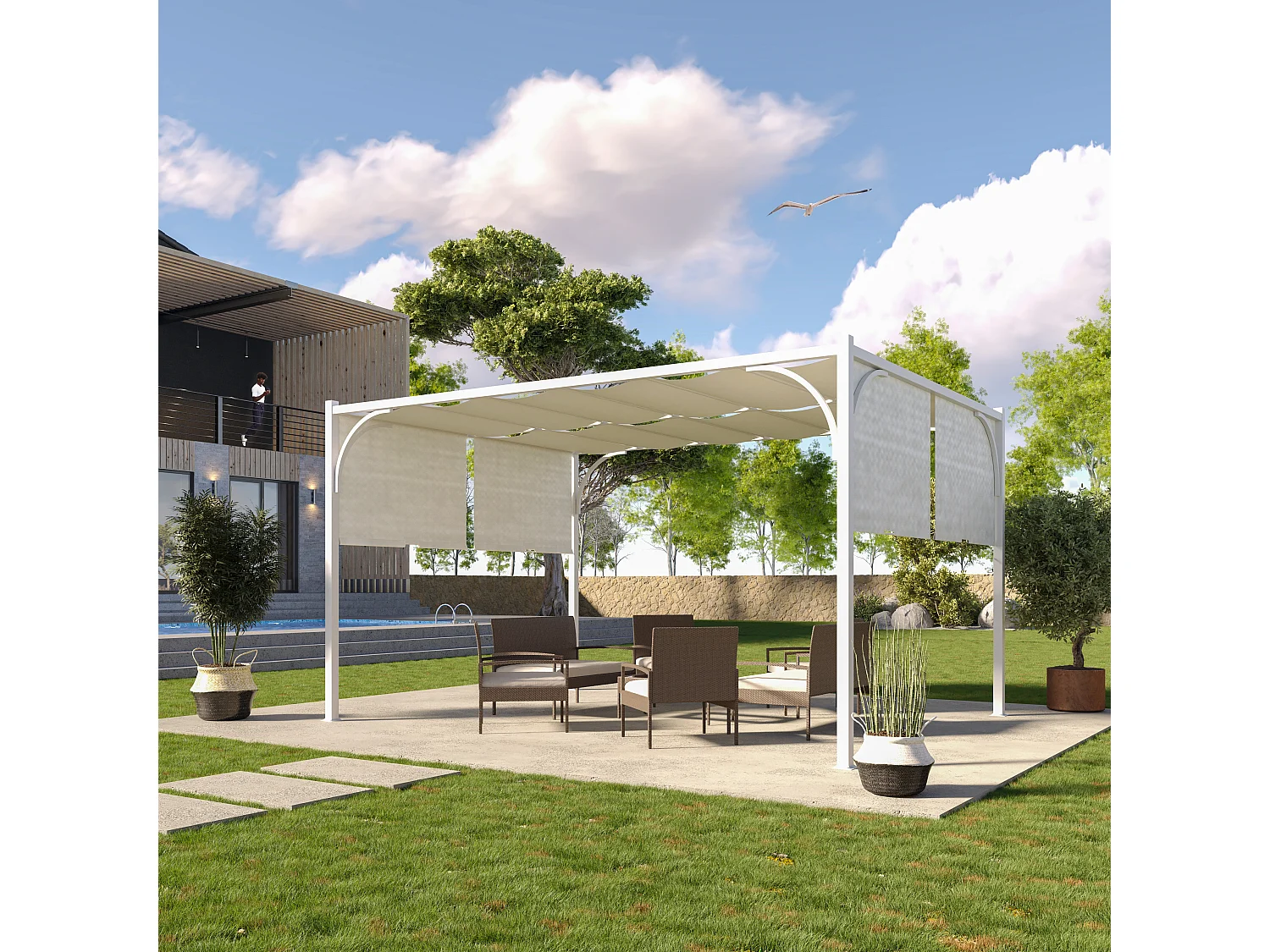 Gazebo Pergola 3x4 M Pergolato Tetto Scorrevole Telo Bianco Impermeabile Retrattile Richiudibile Struttura Bianca Acciaio Giardino Terrazzo Piscina