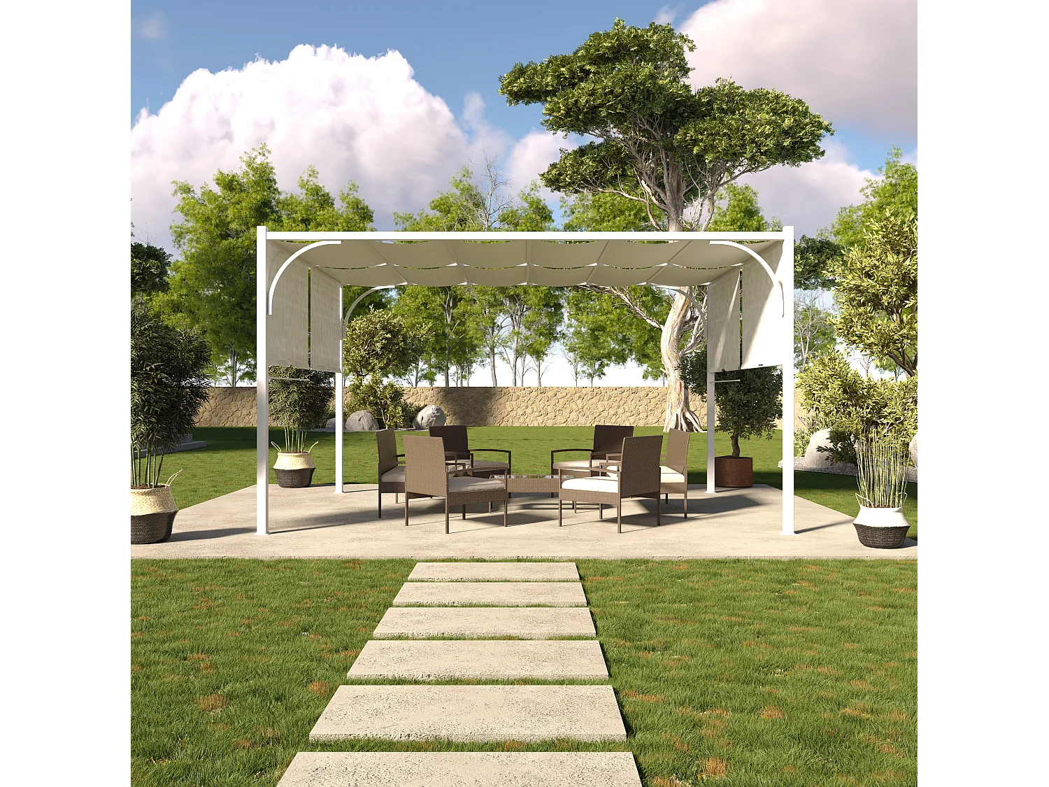 Gazebo Pergola 3x4 M Pergolato Tetto Scorrevole Telo Bianco Impermeabile Retrattile Richiudibile Struttura Bianca Acciaio Giardino Terrazzo Piscina