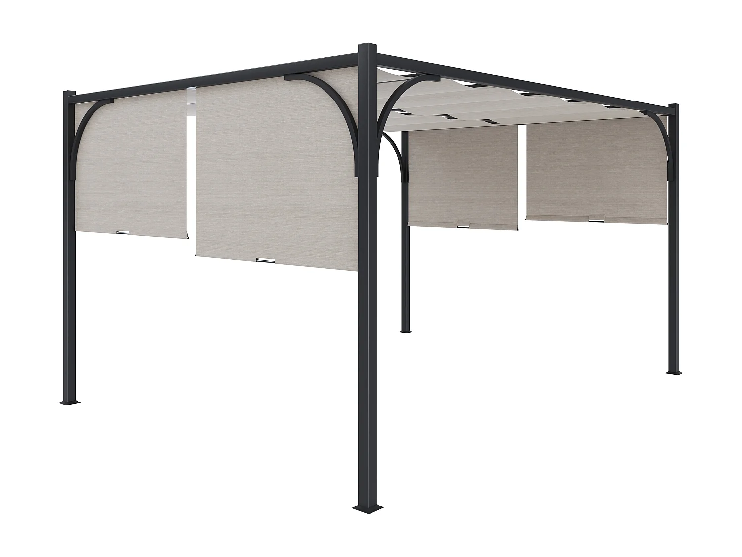 Gazebo Pergola 3x4 M Pergolato Tetto Scorrevole Telo Beige Impermeabile Retrattile Richiudibile Struttura Nera Acciaio Giardino Terrazzo Piscina