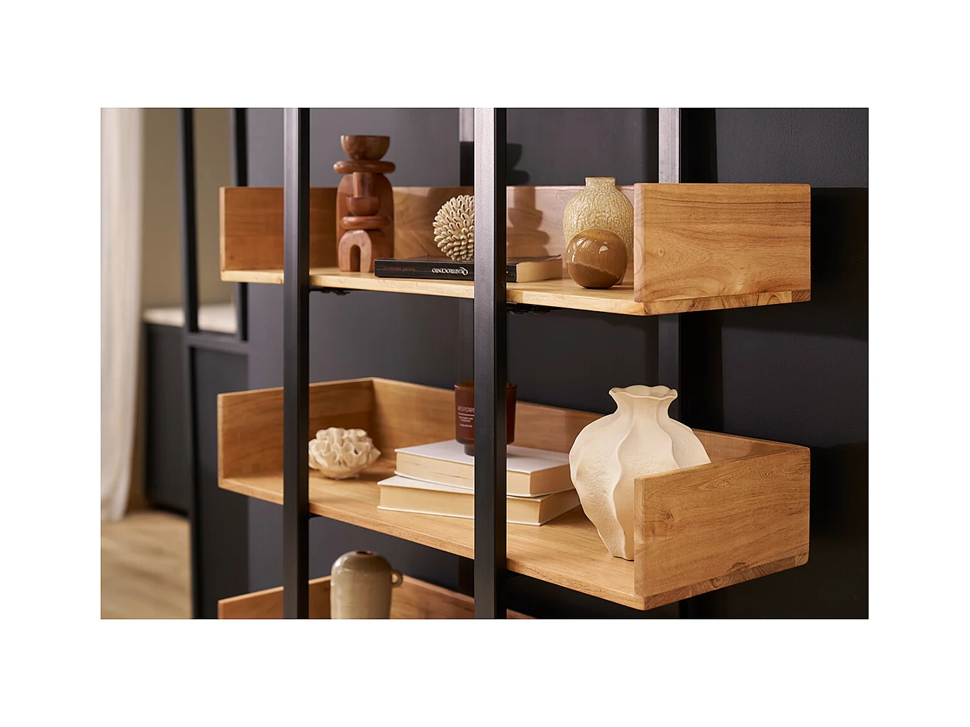 Bibliothèque industrielle en bois massif et métal noir L90 cm TAO