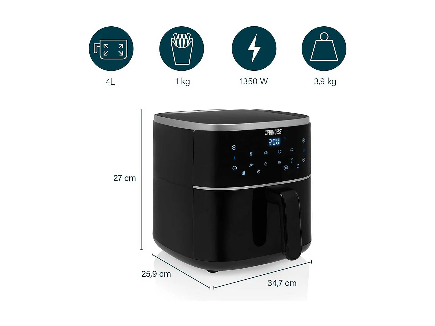 Princess Airfryer Digital 182238 Heißluftfritteuse 1350W 4L 8 Programme Schwarz