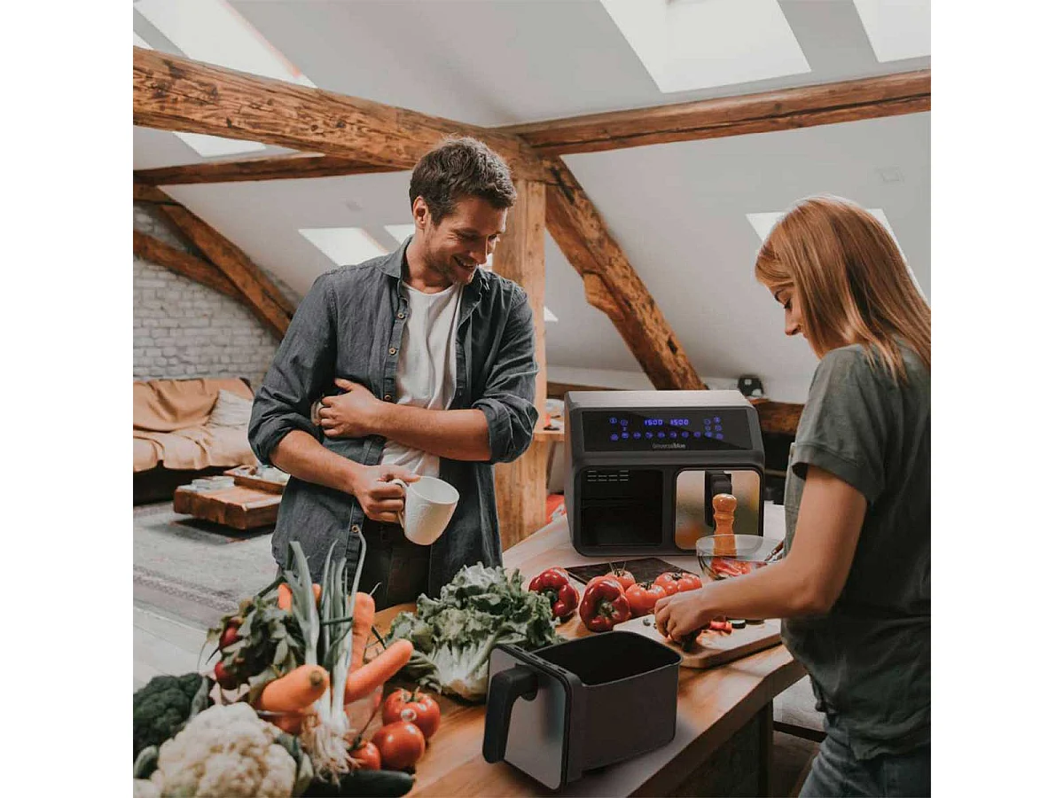 Freidora de aire Air Crispy 6008DB Universal Blue 2200W 8L 2 cubetas negro/inox