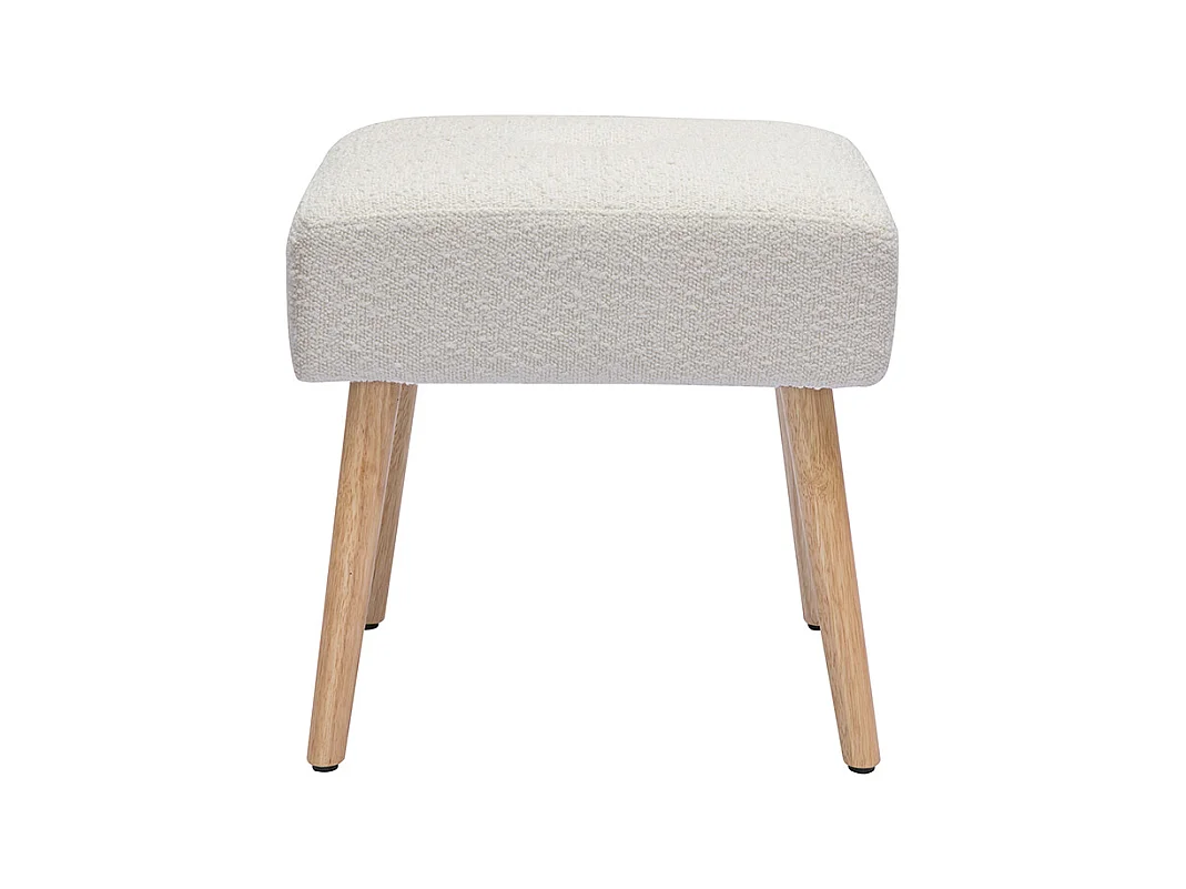 Niedriger Hocker aus weißem Stoff mit Bouclé-Wolleffekt und hellem Massivholz H46 cm GUESTA