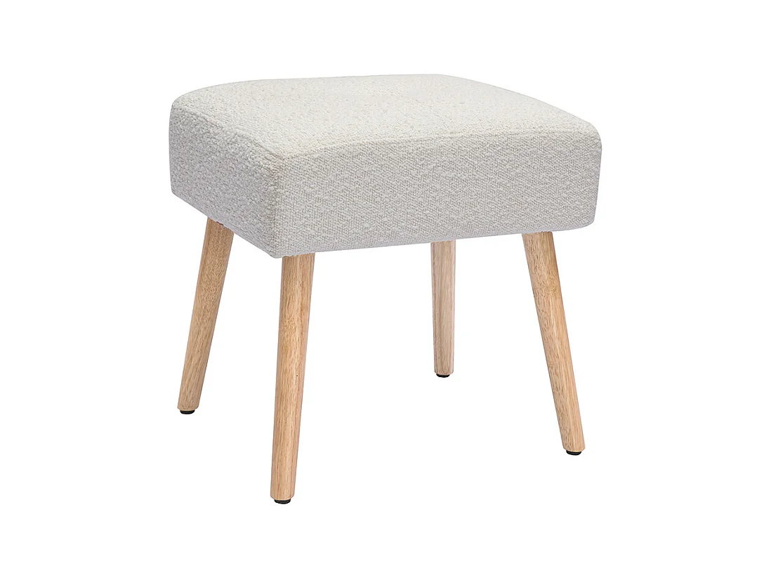 Niedriger Hocker aus weißem Stoff mit Bouclé-Wolleffekt und hellem Massivholz H46 cm GUESTA