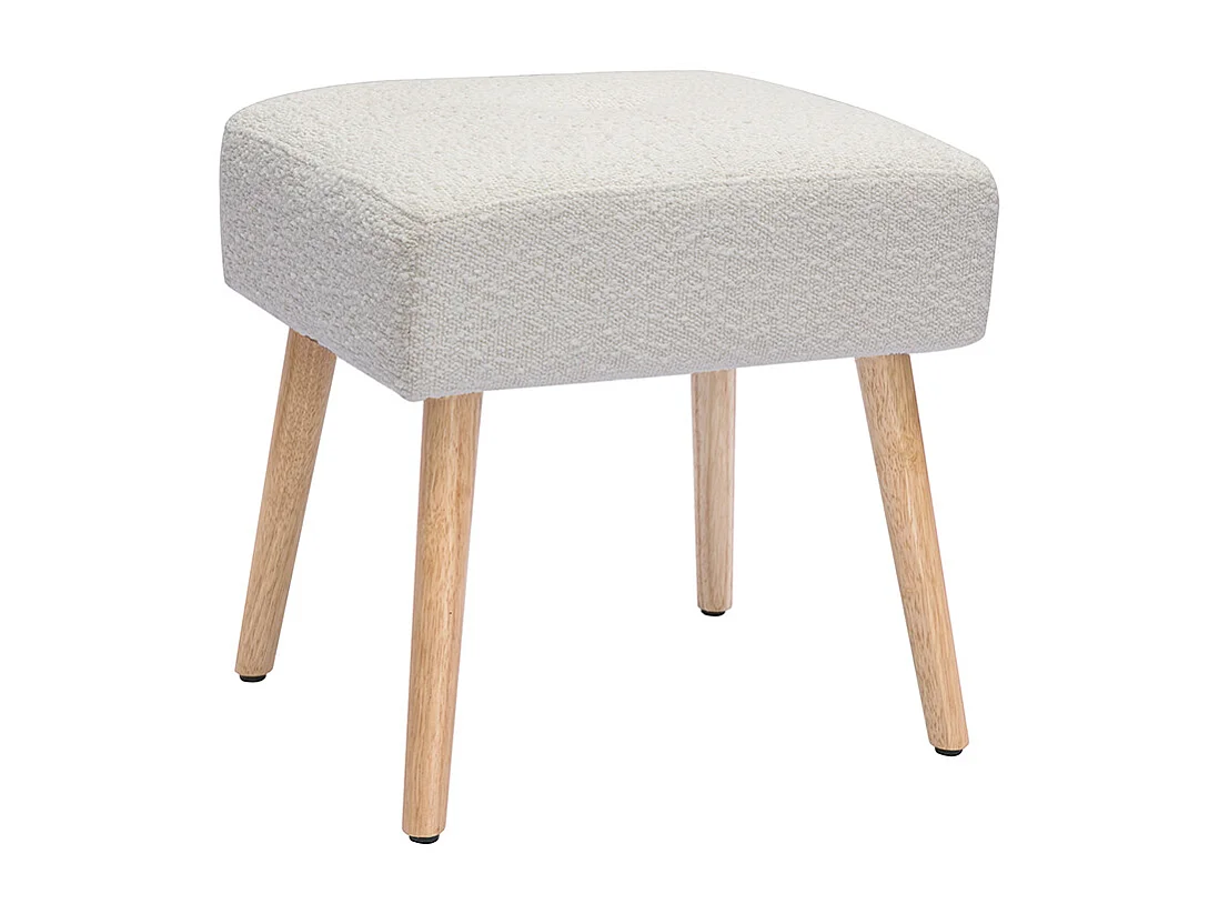 Tabouret bas en tissu effet laine bouclée blanc et bois clair massif H46 cm GUESTA