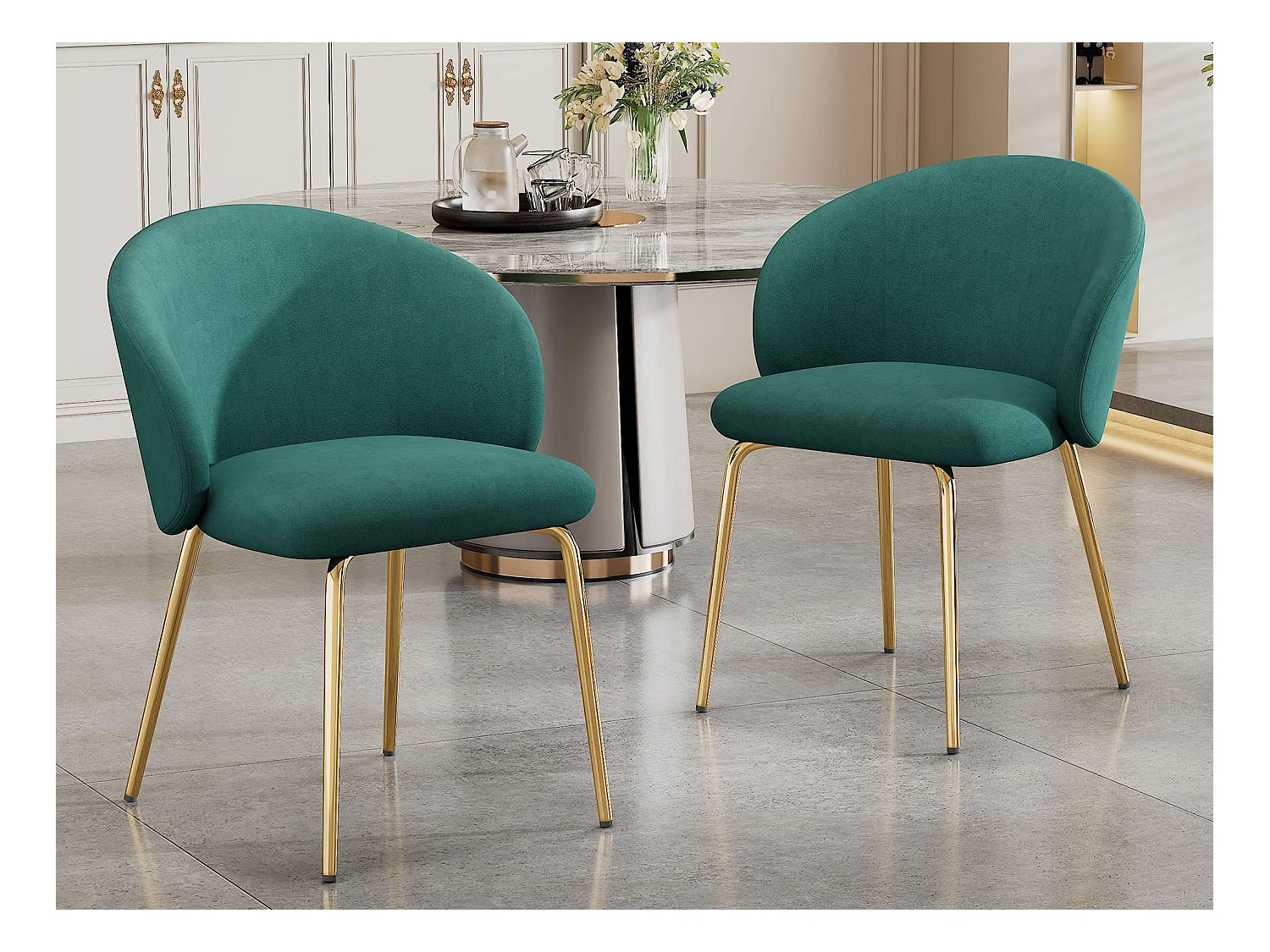 Lot de 2 chaises en velours - pieds en métal doré - Vert