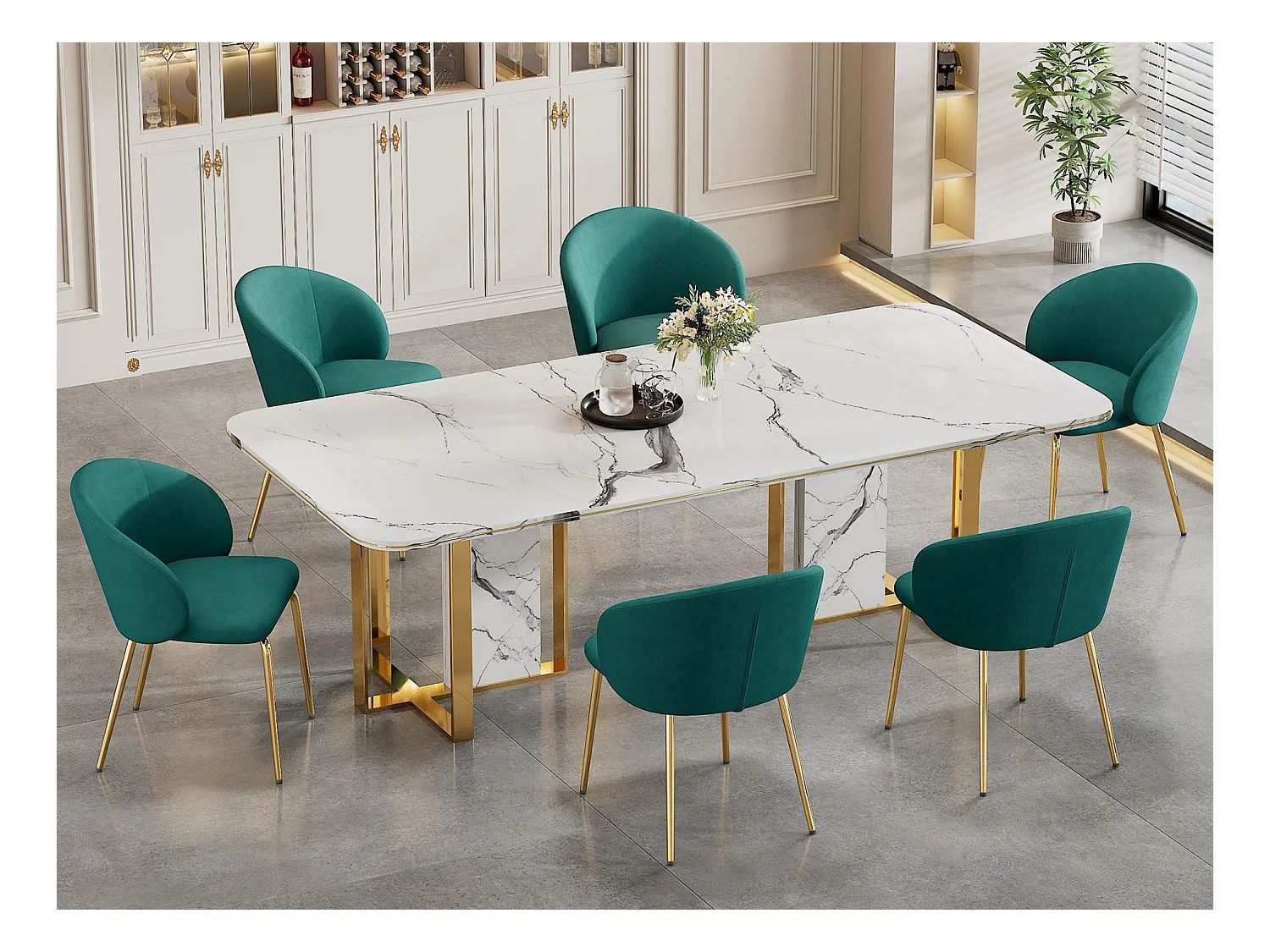 Lot de 6 chaises en velours - pieds en métal doré - Vert