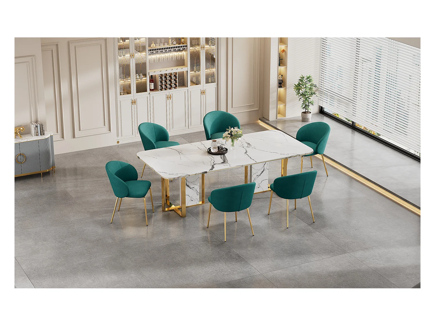 Lot de 6 chaises en velours - pieds en métal doré - Vert