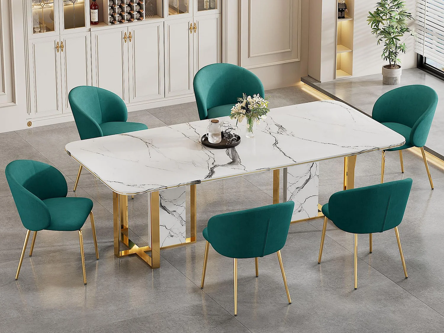 Lot de 6 chaises en velours - pieds en métal doré - Vert