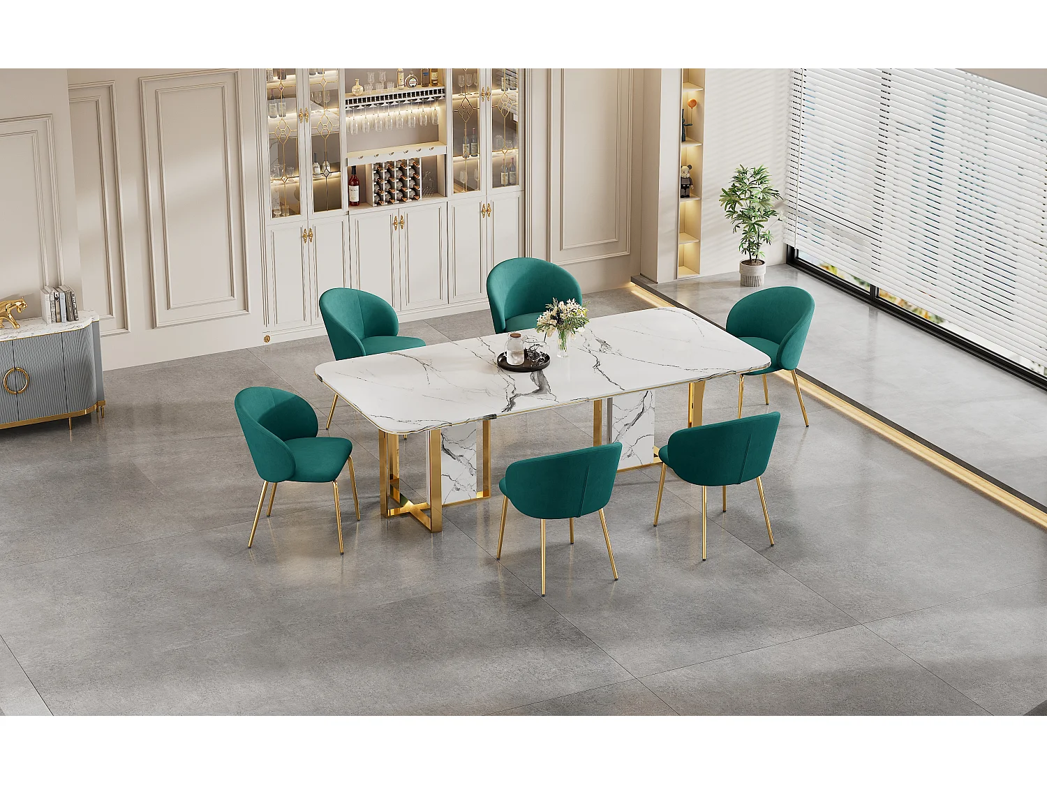 Lot de 6 chaises en velours - pieds en métal doré - Vert