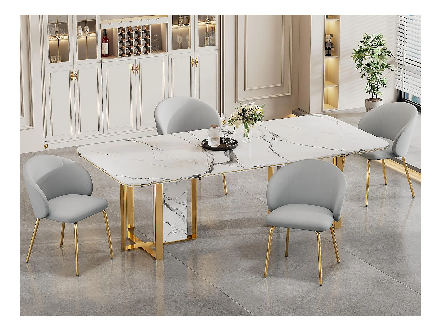 Lot de 4 chaises en velours - pieds en métal doré - Gris