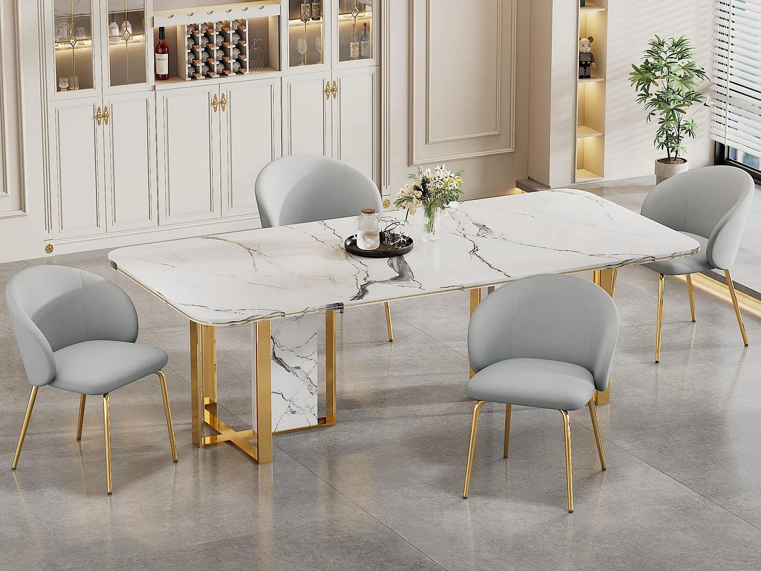 Lotto di 4 sedie in velluto - piedi in metallo dorato - Grigio