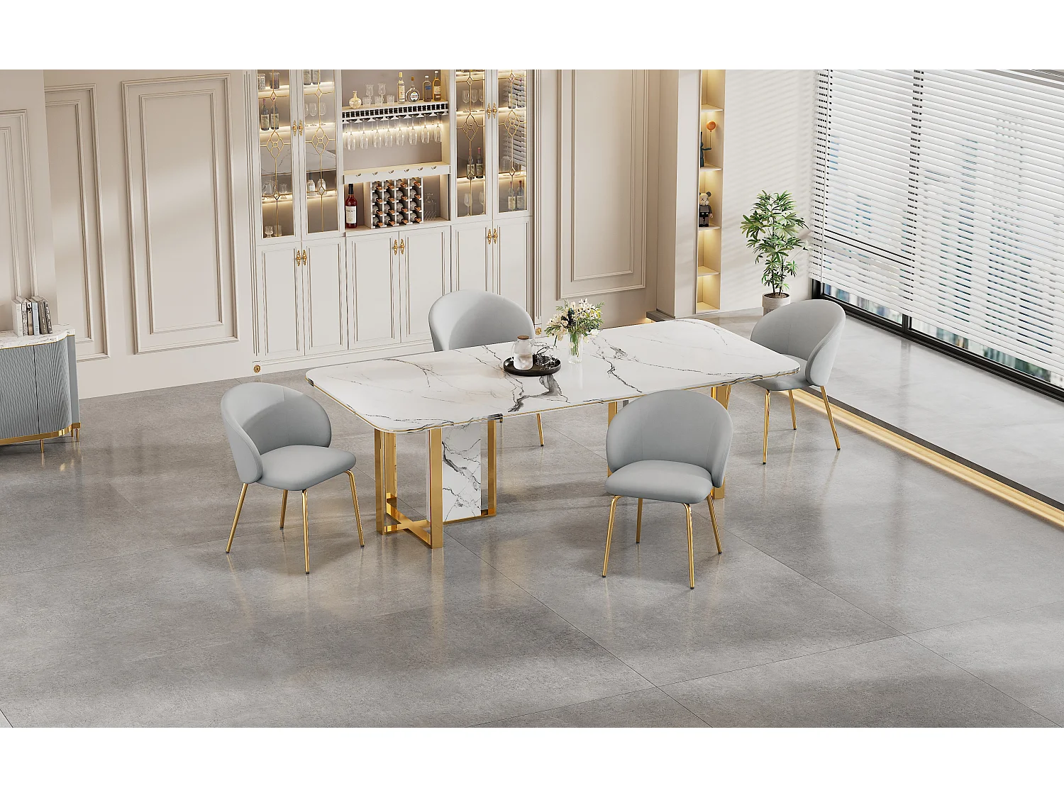 Lotto di 4 sedie in velluto - piedi in metallo dorato - Grigio