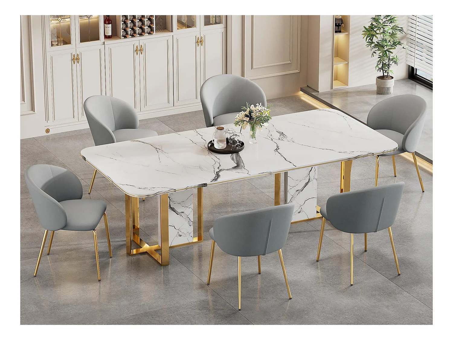 Lot de 6 chaises en velours - pieds en métal doré - Gris