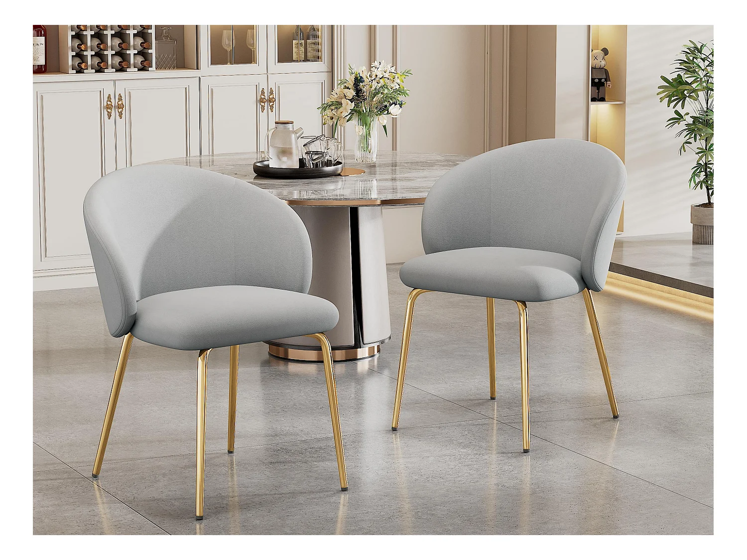 Lot de 2 chaises en velours - pieds en métal doré - Gris