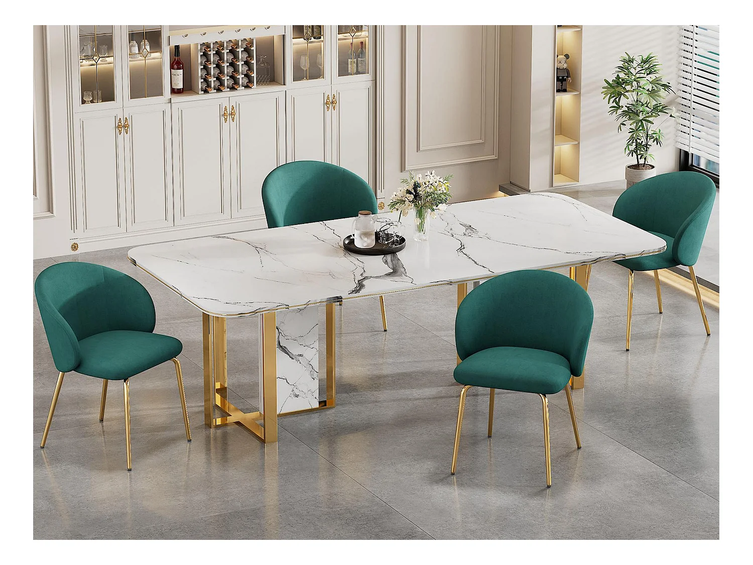 Lot de 4 chaises en velours - pieds en métal doré - Vert