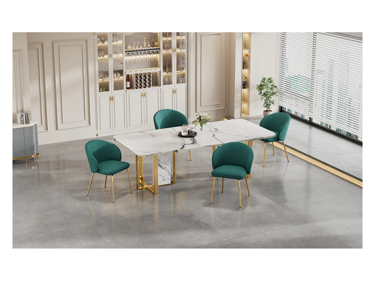 Lot de 4 chaises en velours - pieds en métal doré - Vert