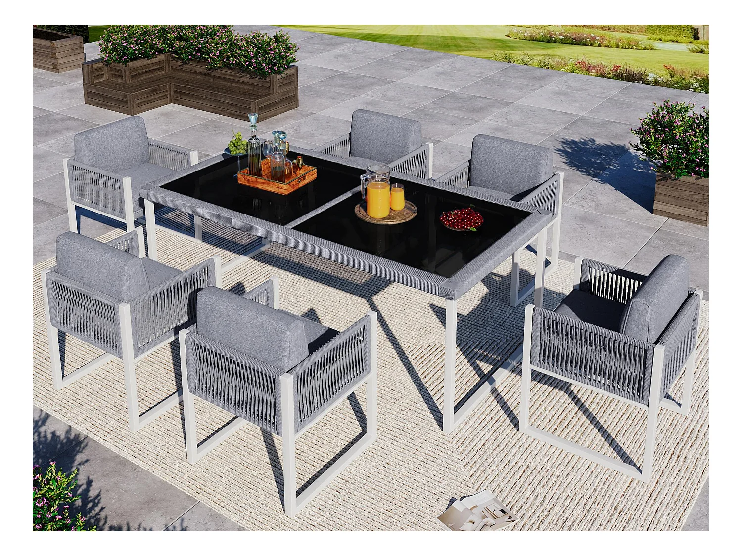 Set da pranzo in giardino per 6 persone - 6 poltrone - 1 tavolo - struttura in ferro zincato - in tessuto rimovibile e lavabile - grigio