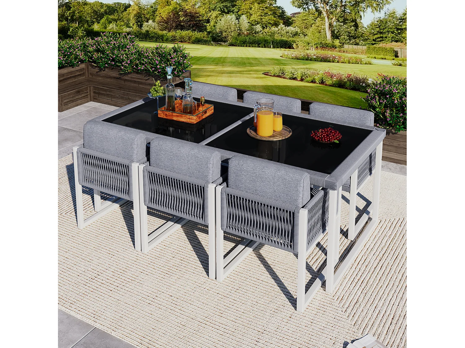 Set da pranzo in giardino per 6 persone - 6 poltrone - 1 tavolo - struttura in ferro zincato - in tessuto rimovibile e lavabile - grigio