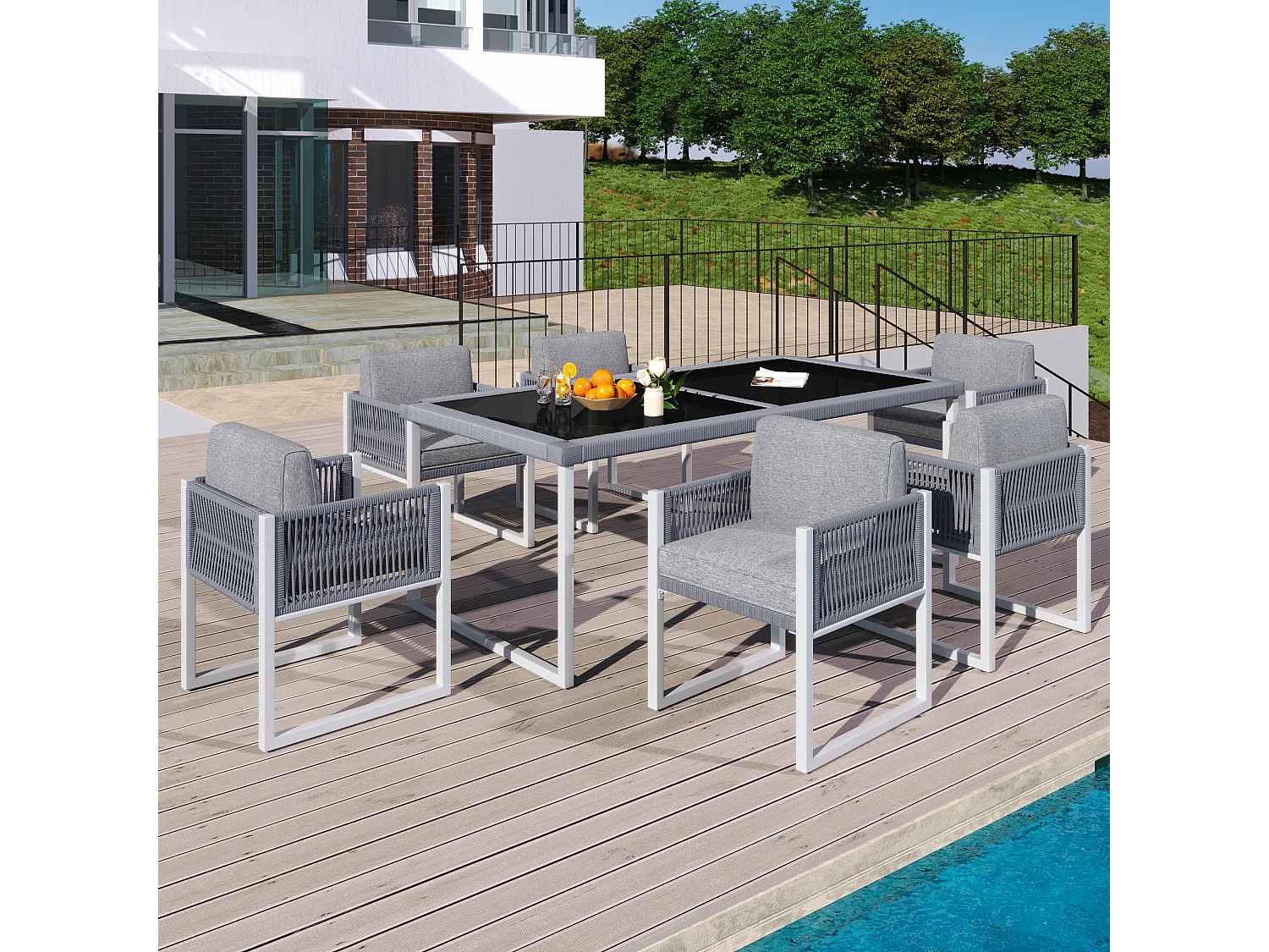 Set da pranzo in giardino per 6 persone - 6 poltrone - 1 tavolo - struttura in ferro zincato - in tessuto rimovibile e lavabile - grigio