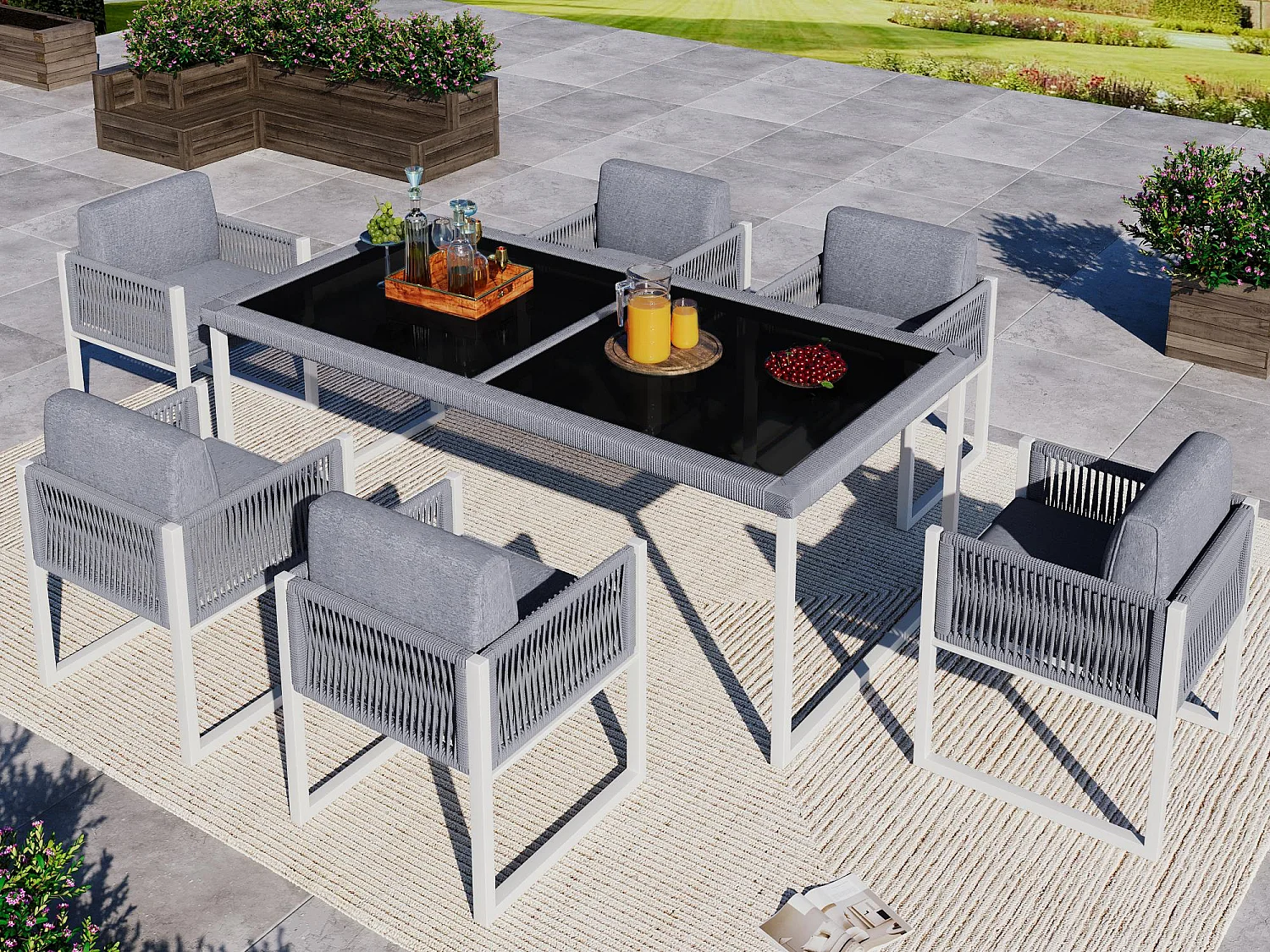 Ensemble de salle à manger de jardin pour 6 personnes - 6 fauteuils - 1 table - structure en fer galvanisé - en tissu amovibles et lavables - gris