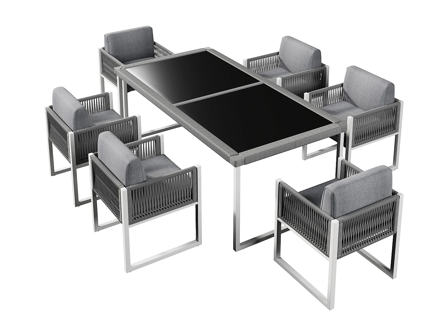 Ensemble de salle à manger de jardin pour 6 personnes - 6 fauteuils - 1 table - structure en fer galvanisé - en tissu amovibles et lavables - gris